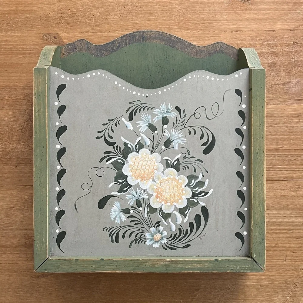 Vintage Folk Art Hand Painted Wood Wall Pocket Mail Holder Floral Artist Signed